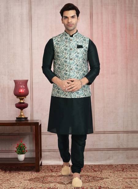 Light Green Colour Festive Wear Jacquard Banarasi Silk Digital Print Kurta Pajama With Jacket Mens Collection 1215